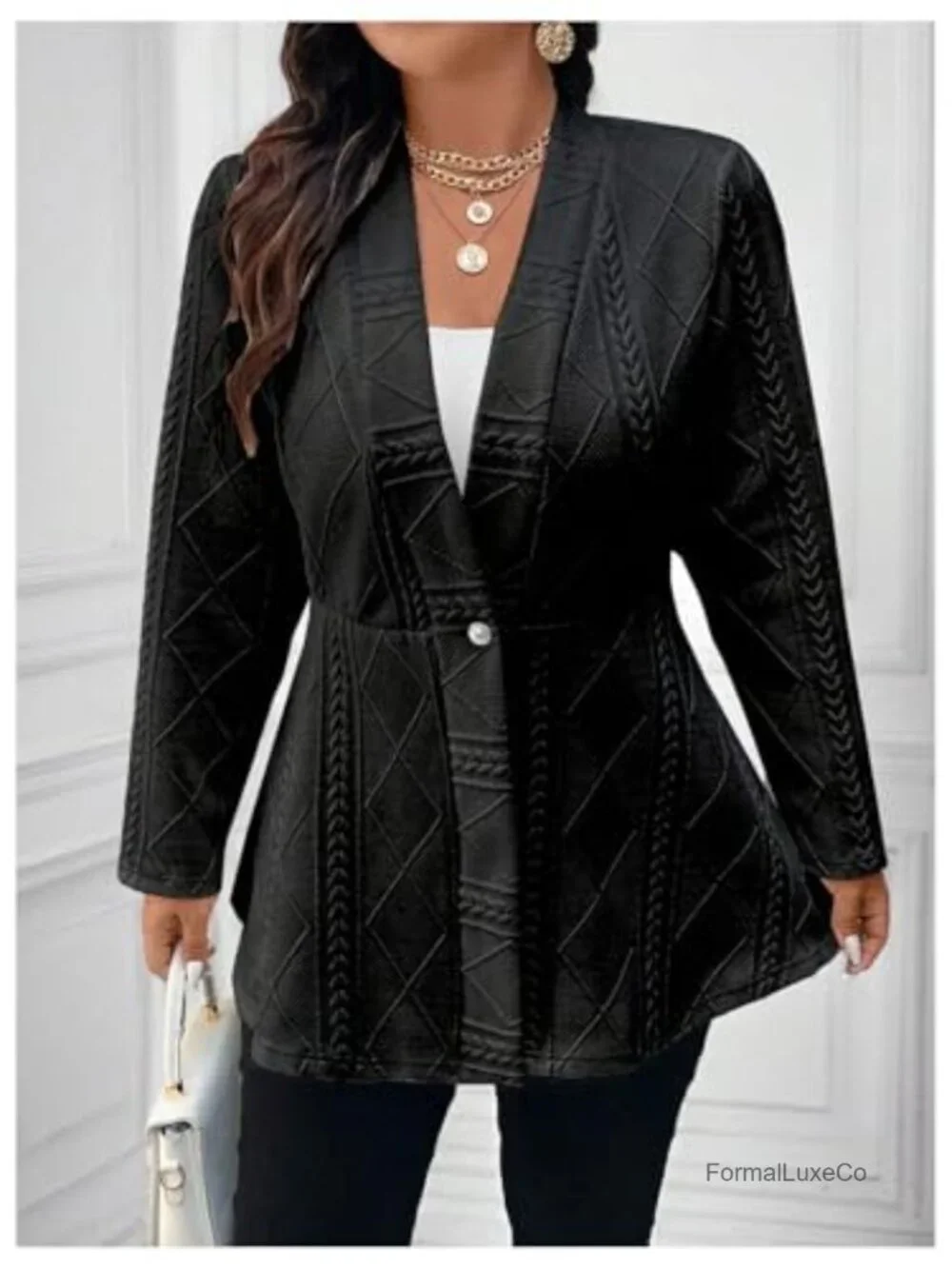 Plus Size Textured Button Down Blazer Ruffle Hem Jacket